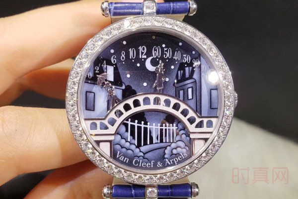 蓝色款梵克雅宝情人桥手表珐琅浮雕表盘